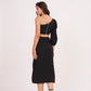 Elegant one-sleeve black top with asymmetrical design, draping across chest and shoulder, made from luxurious muslin fabric