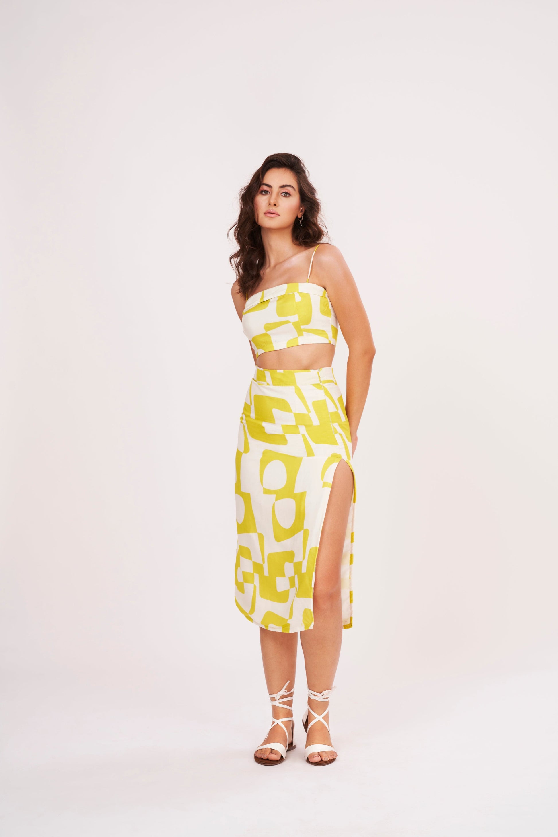 Chic Yellow Printed Strappy Crop Top crafted from lightweight, premium muslin fabric, perfect for summer wardrobe. Versatile