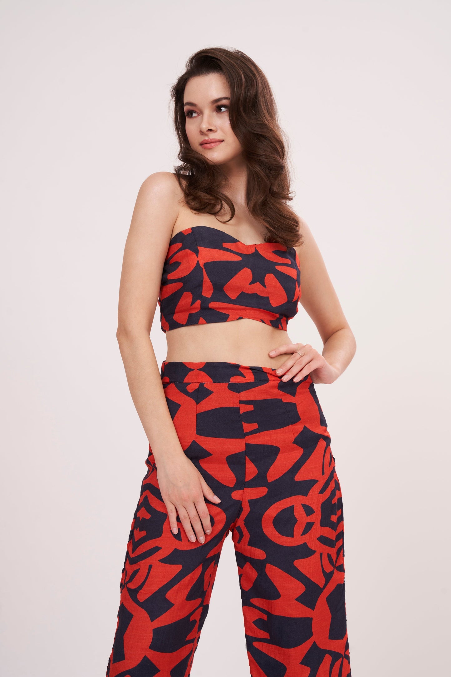 Stylish V-neck muslin crop top with geometric print from Designer Co Ord Set, for a flattering and chic look