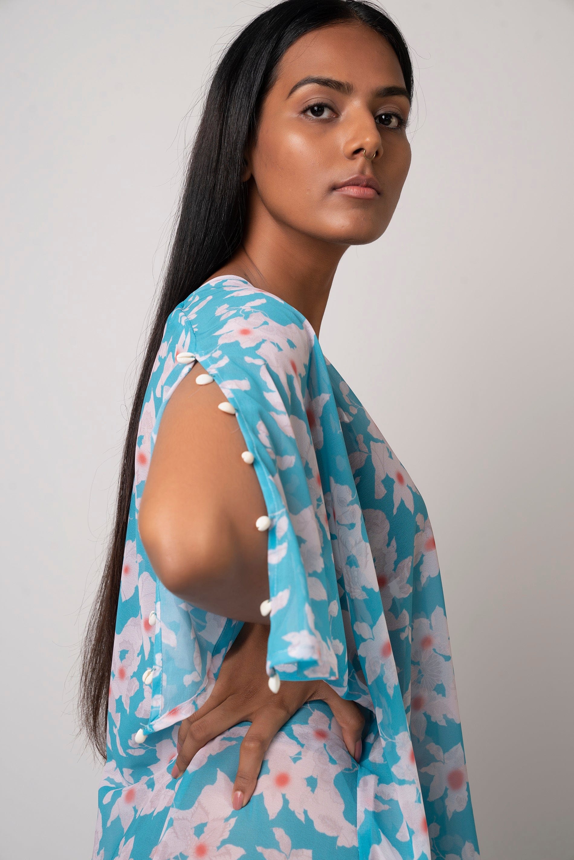 Floral Print Blue Maxi Beach Dress with Tie Back - IMALLURE – imallure